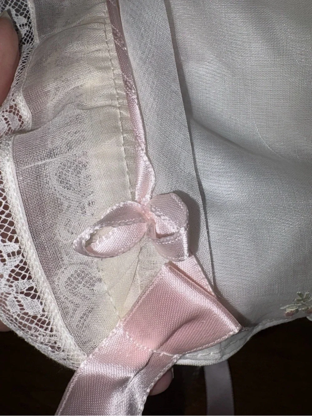 Vintage MCM 1952 Salkin & Linoff Sheer Ivory with Embroidery Baby Bonnet